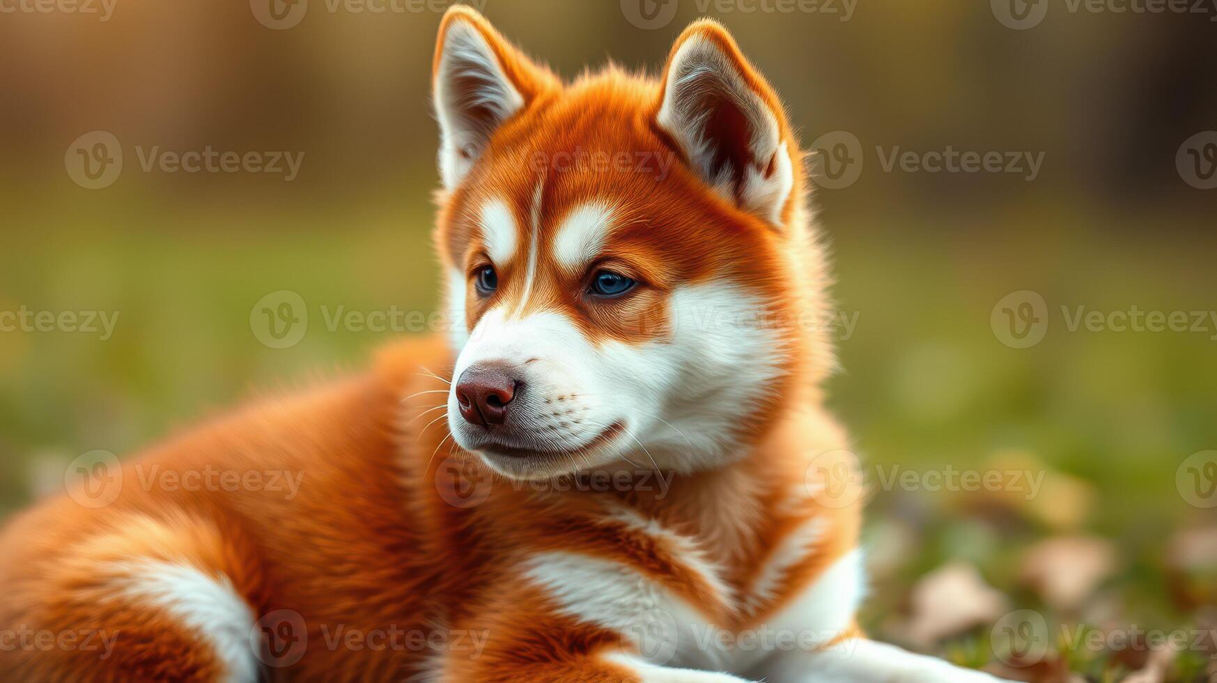 Playful husky puppy lounges in a grassy meadow during a sunny afternoon in early autumn, showcasing its vibrant orange and white fur photo
