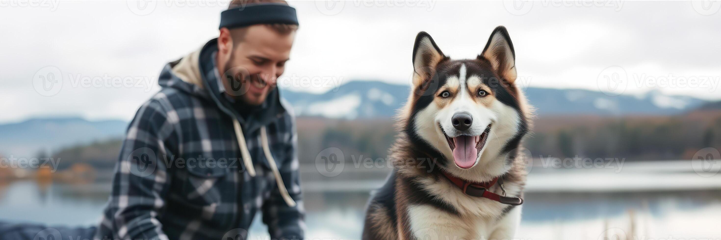 Happy man playing with his husky dog by the lake during a cloudy day in the mountains photo