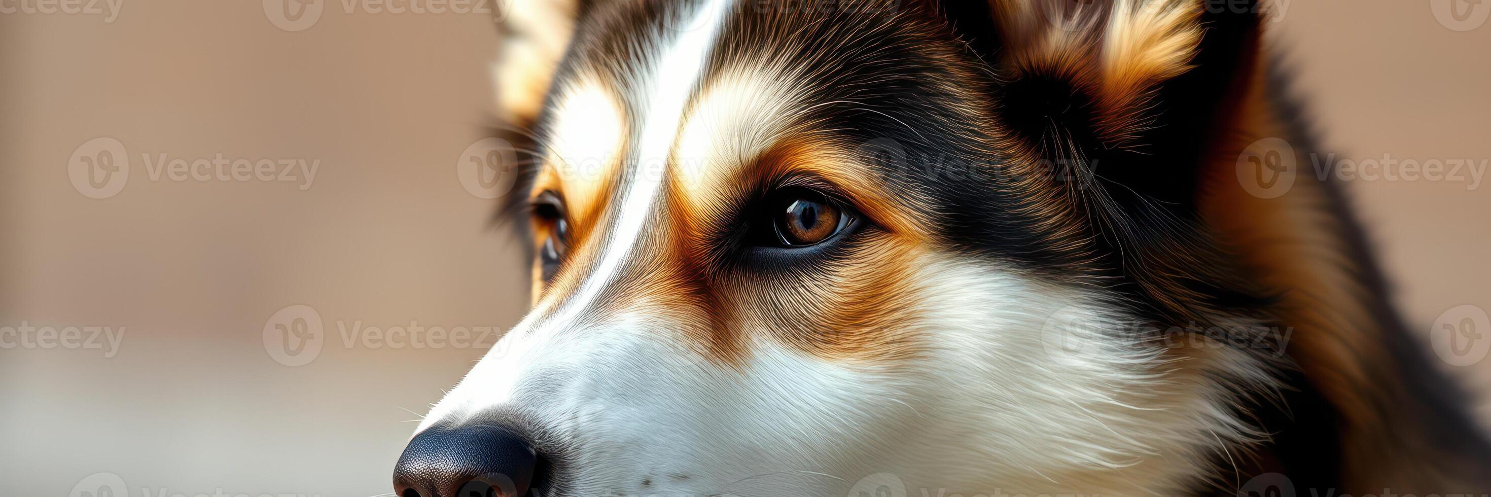 Beautiful husky dog with striking fur and expressive eyes resting calmly against a blurred background in bright daylight photo
