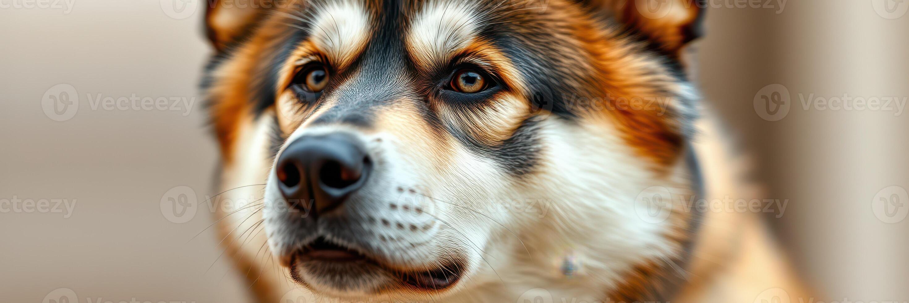 Majestic dog portrait displaying striking features and captivating gaze in a cozy indoor setting photo