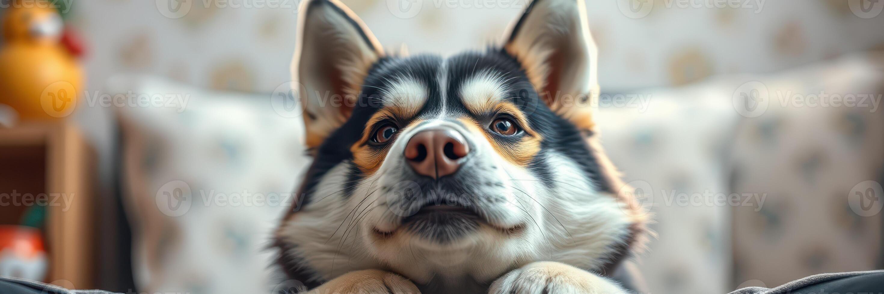 Dog with curious expression gazes intently from a cozy living room adorned with soft furnishings photo