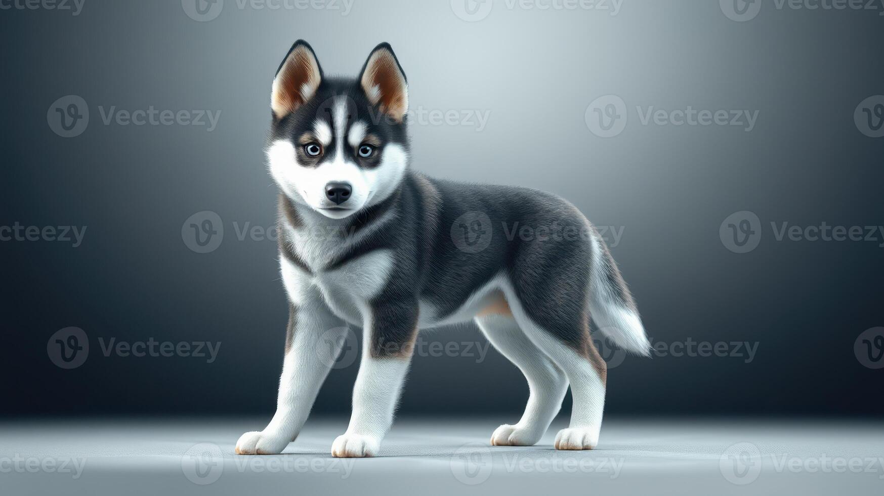 Cute husky puppy standing in a well-lit studio, showcasing its playful and energetic demeanor and beautiful coat patterns photo