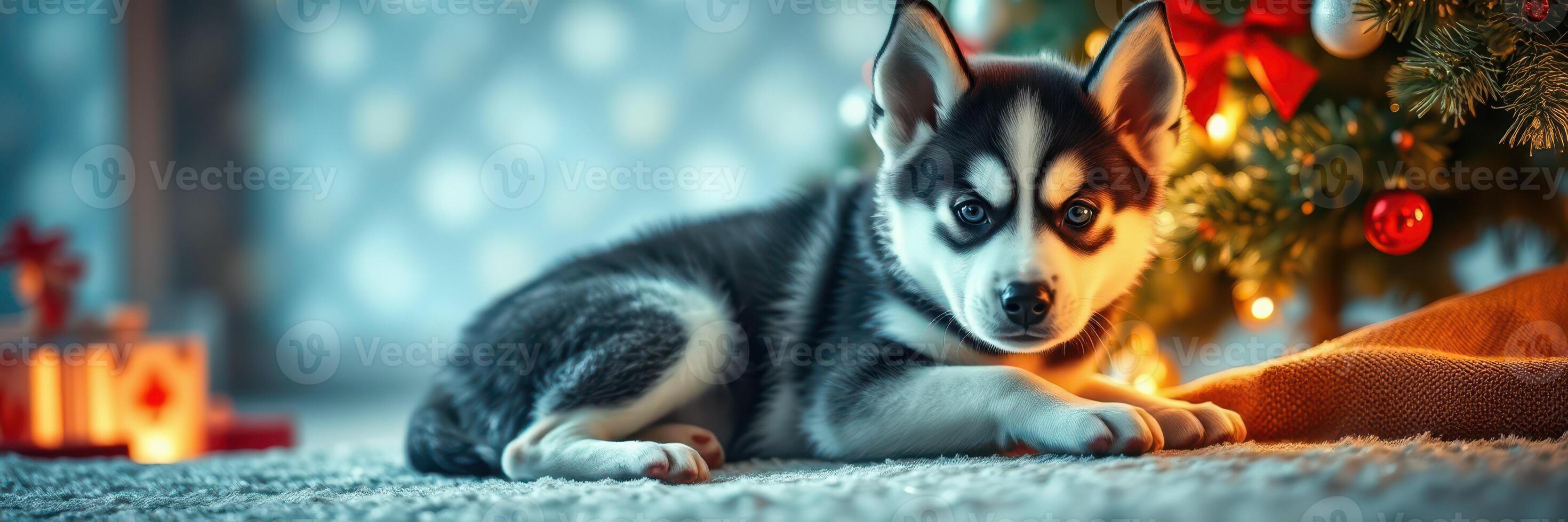 Adorable husky puppy relaxing by a beautifully decorated Christmas tree with soft glowing lights photo