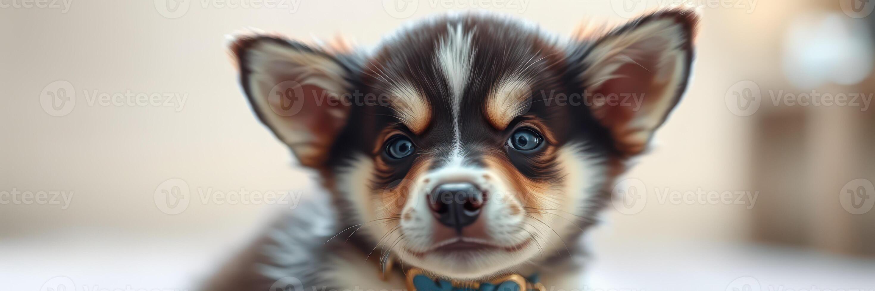 Cute puppy with striking blue eyes and unique fur pattern enjoying playful moments indoors photo