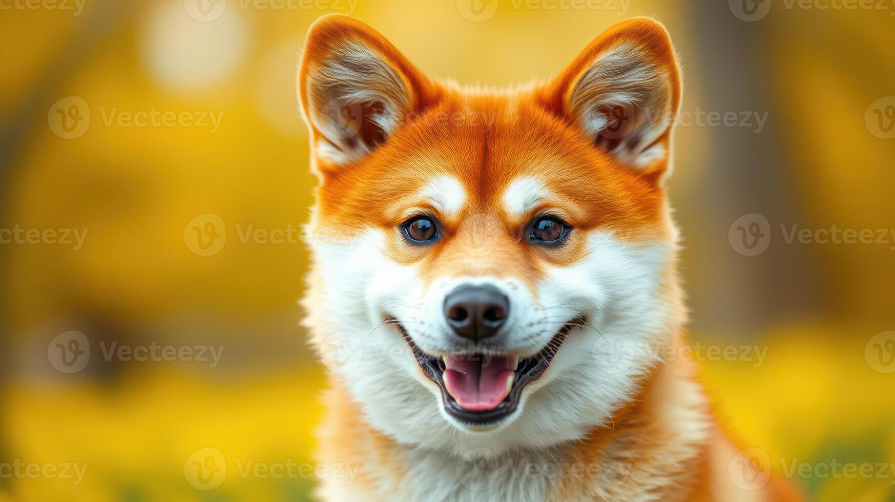 Happy dog enjoys a sunny day in a vibrant outdoor setting with autumn colors in the background photo