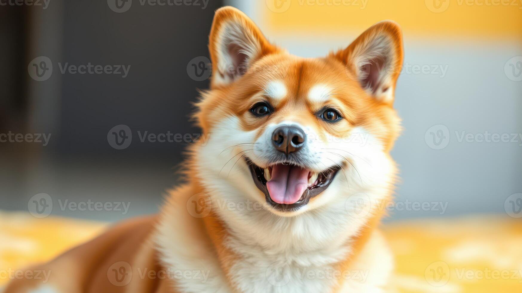 Happy corgi relaxing indoors with a joyful expression on a sunny afternoon photo