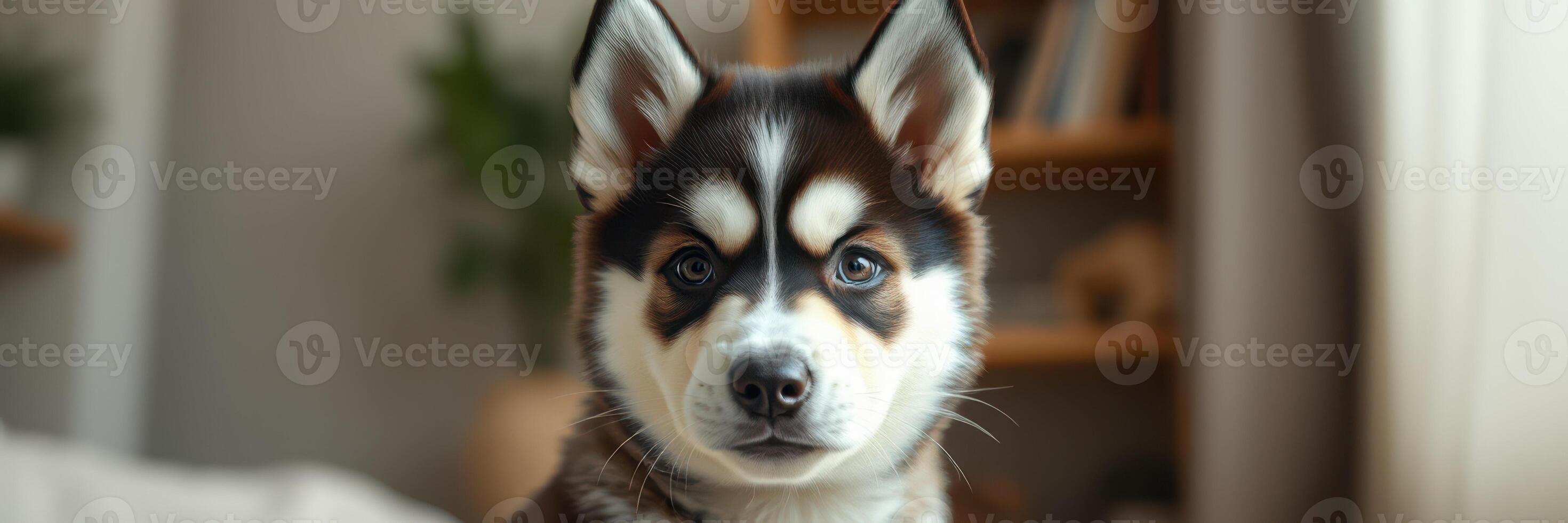 Playful husky puppy sitting indoors in a cozy setting with soft lighting and wooden shelves in the background photo