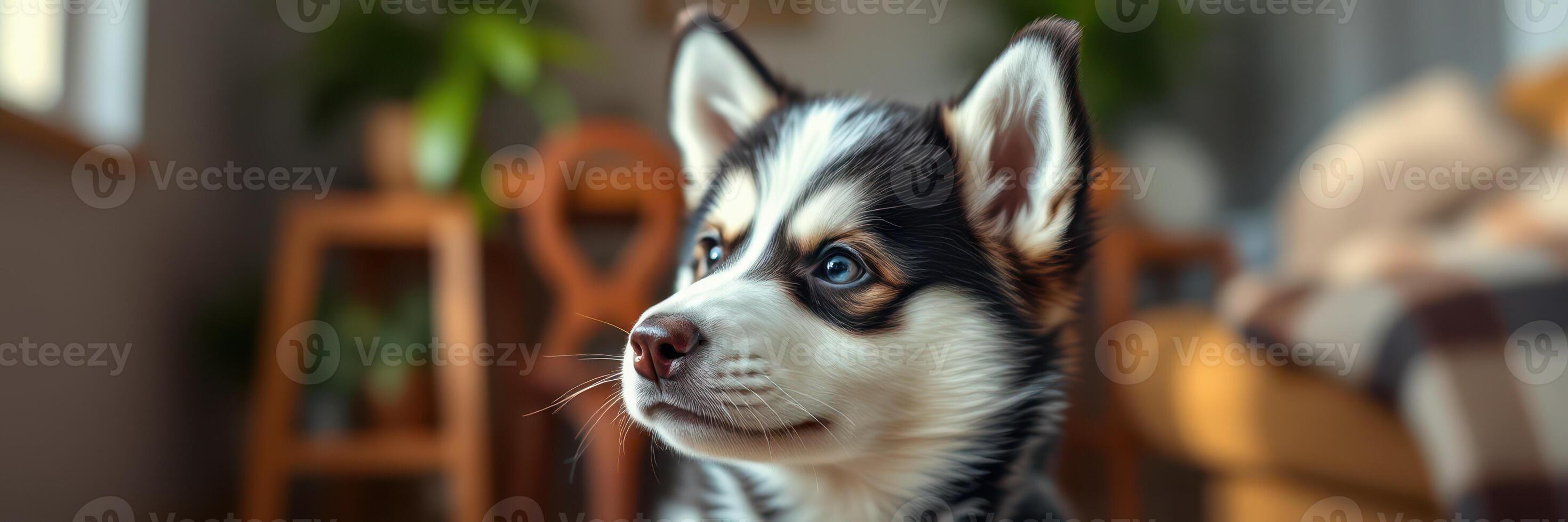Cute husky puppy sitting indoors with warm light in a cozy home setting photo
