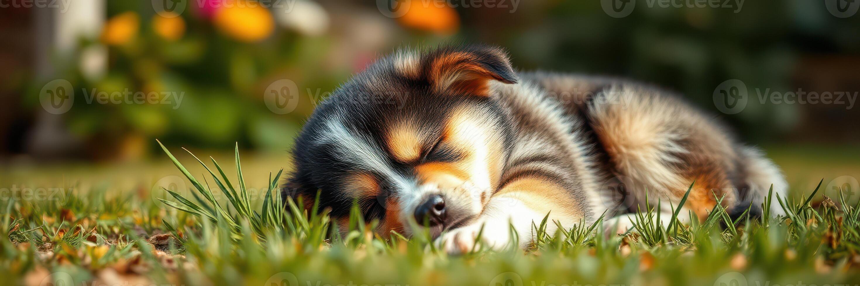 Sleepy puppy resting on a green lawn surrounded by colorful flowers during a sunny afternoon photo