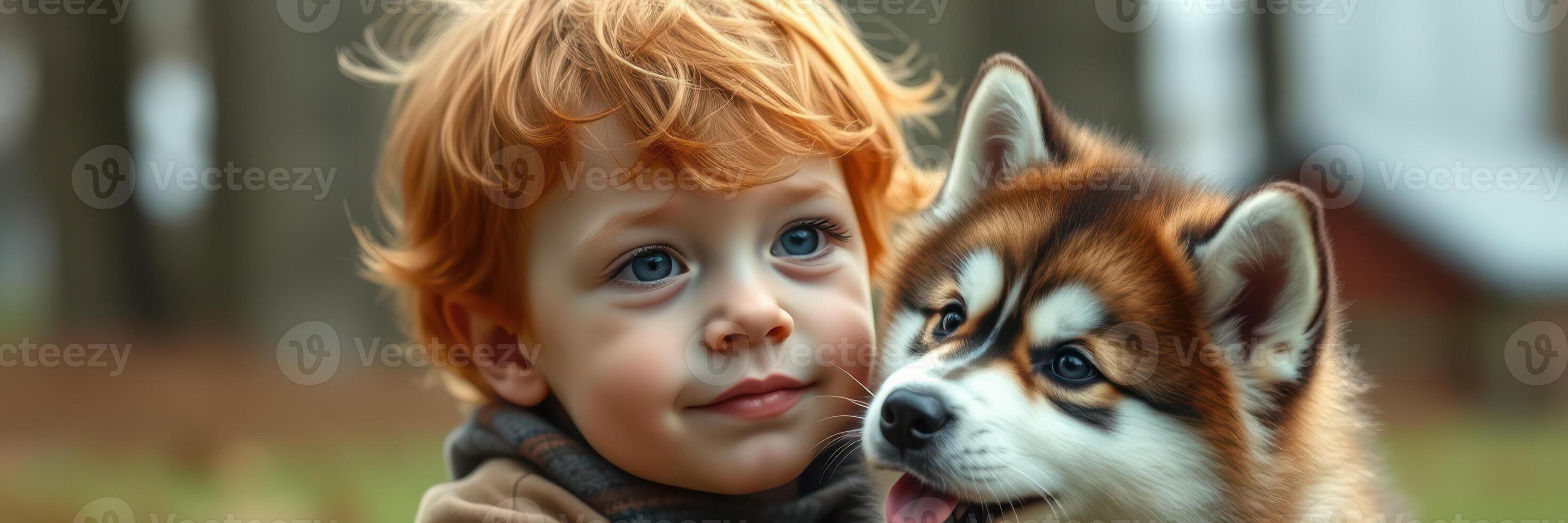 Young child joyfully interacts with fluffy puppy in a natural setting during a sunny afternoon photo