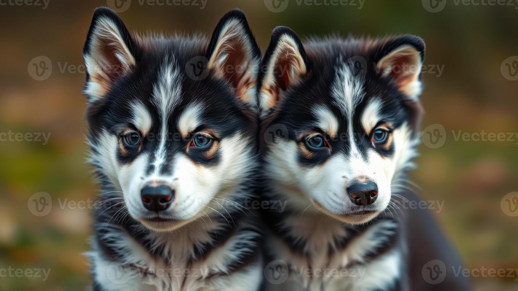 Two playful husky puppies enjoying a quiet afternoon in a sunny outdoor setting with greenery photo