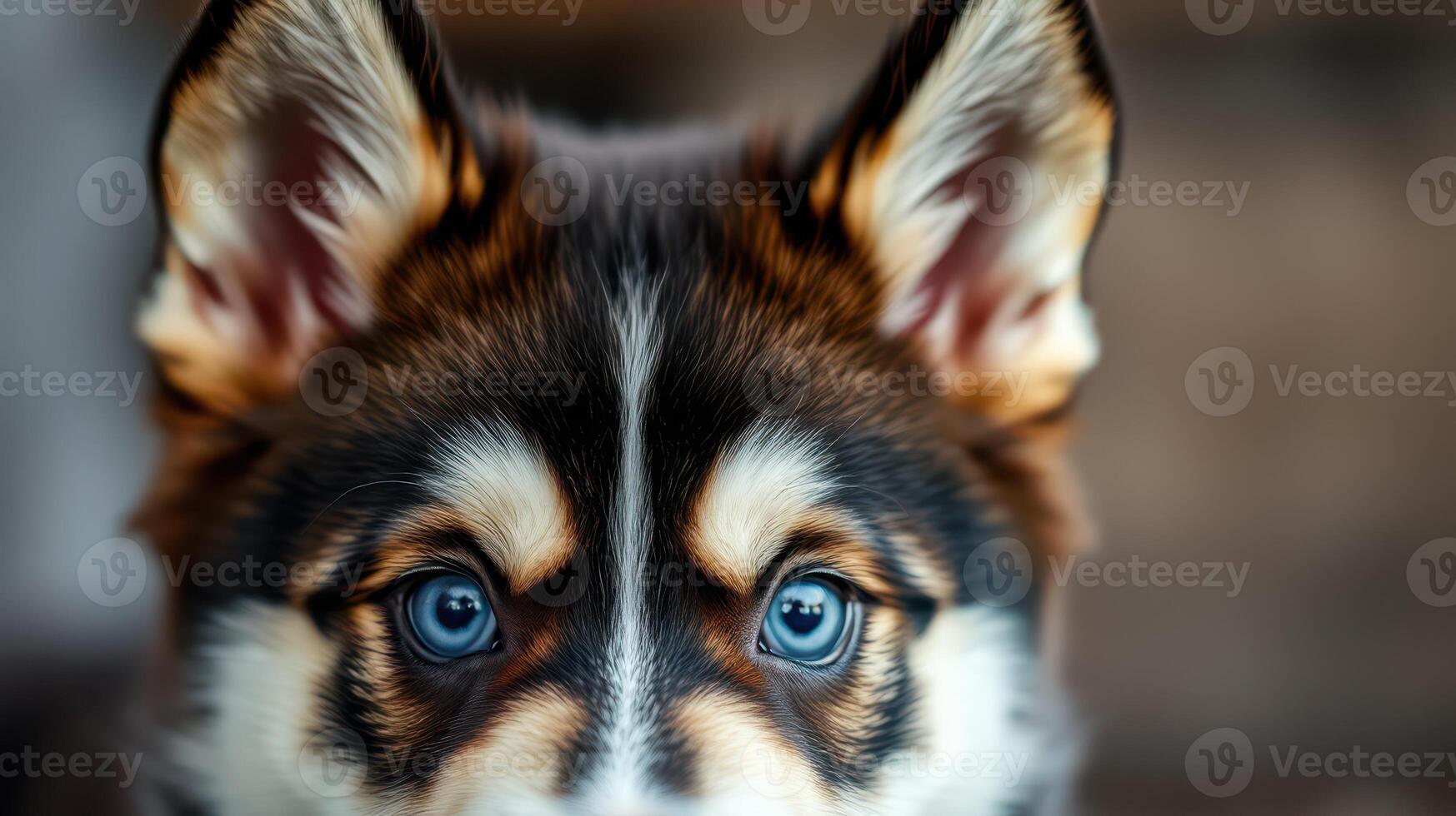 Beautiful husky puppy with striking blue eyes looking directly at the camera indoors photo