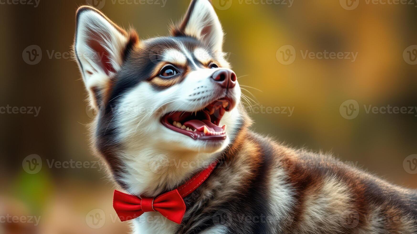 Dog with red bow tie enjoys a sunny day in a vibrant park setting during autumn photo