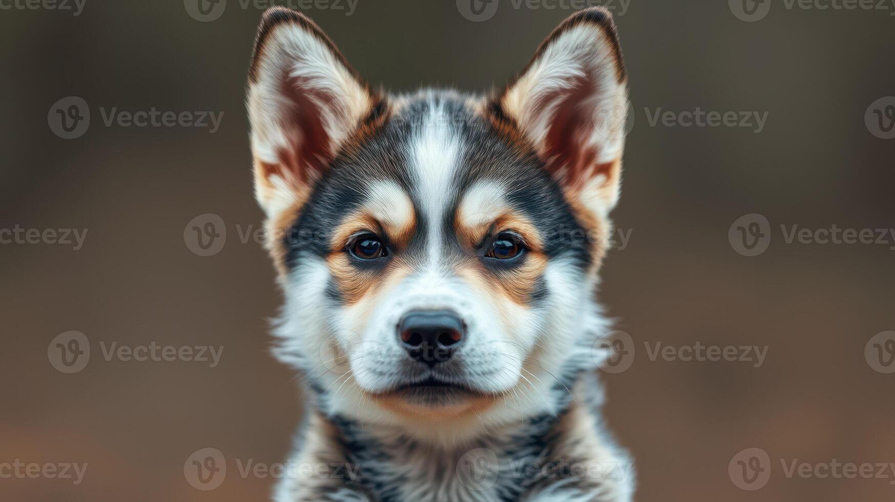 Cute husky puppy with striking fur pattern sitting calmly against a blurred background photo