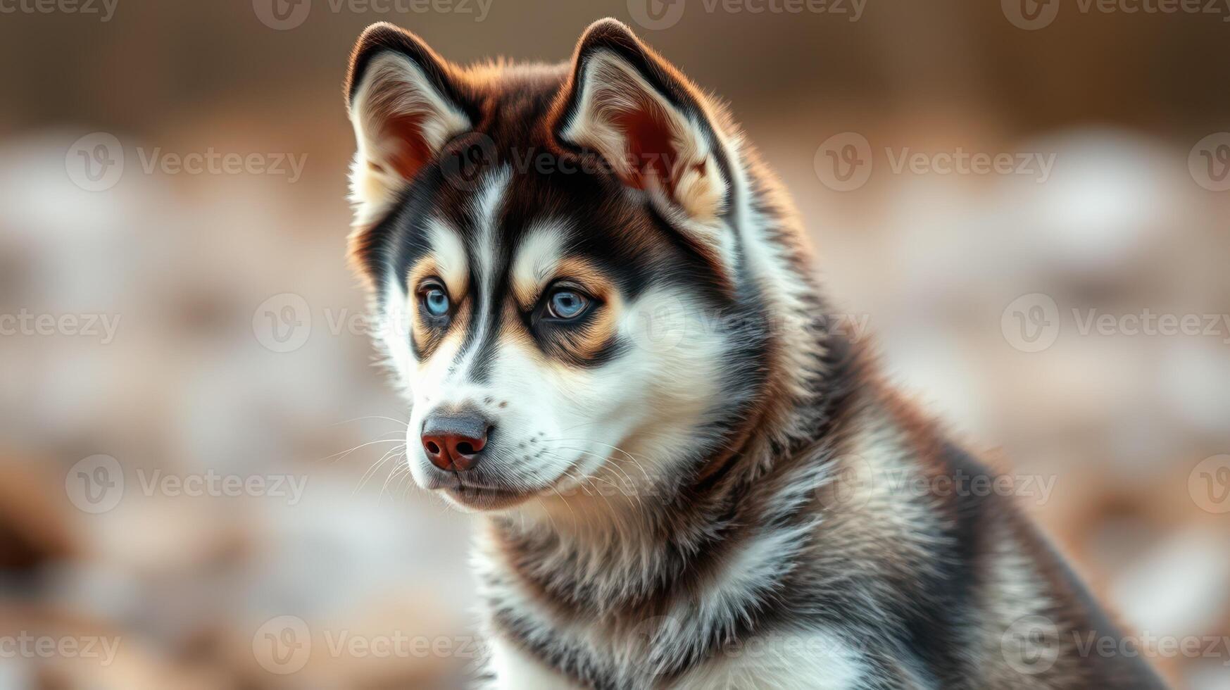 Stunning husky puppy exhibits striking blue eyes while sitting among soft, blurred rocks during golden hour photo