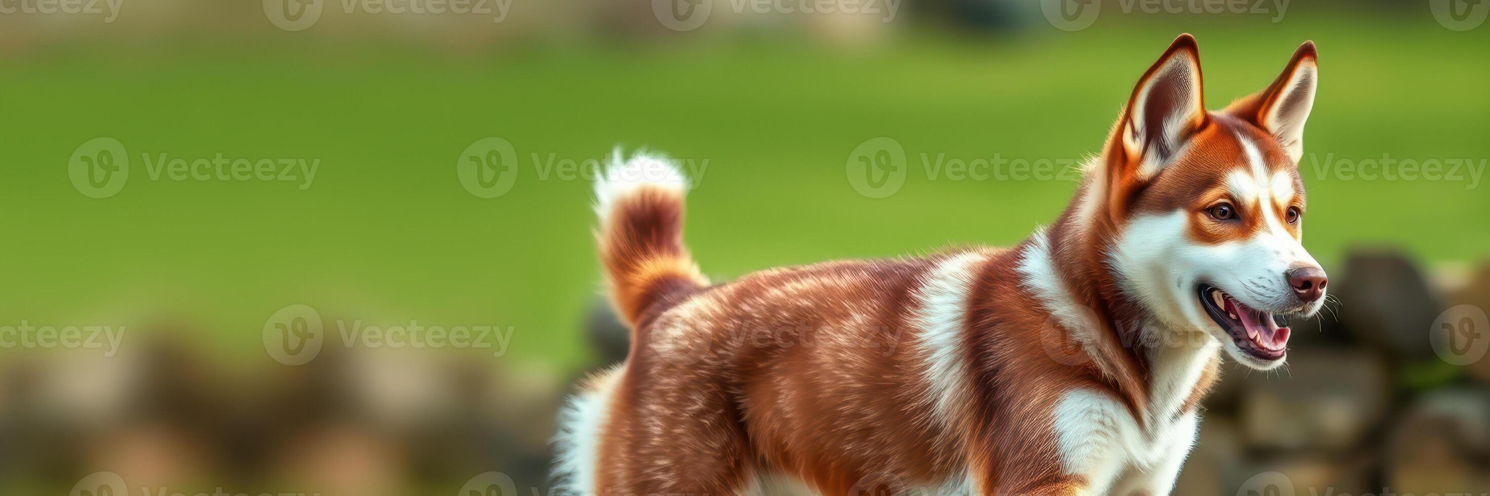 Husky dog playfully exploring a lush green field on a sunny day in the countryside photo