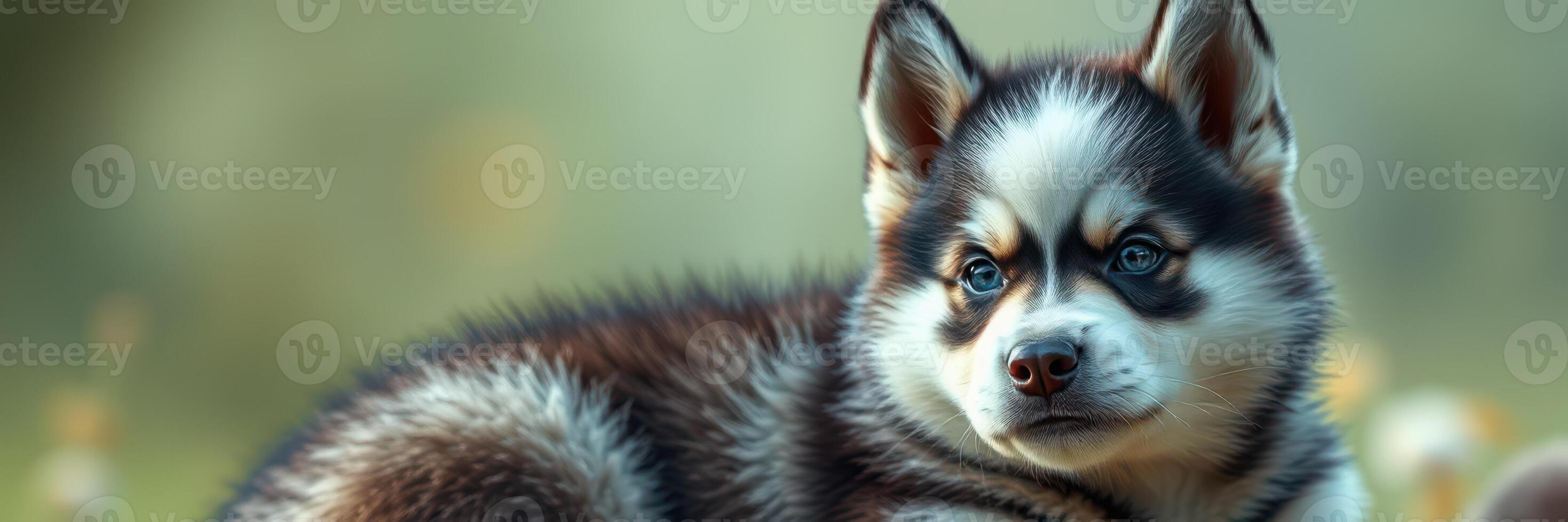 Cute puppy with striking fur resting in a field during golden hour light photo