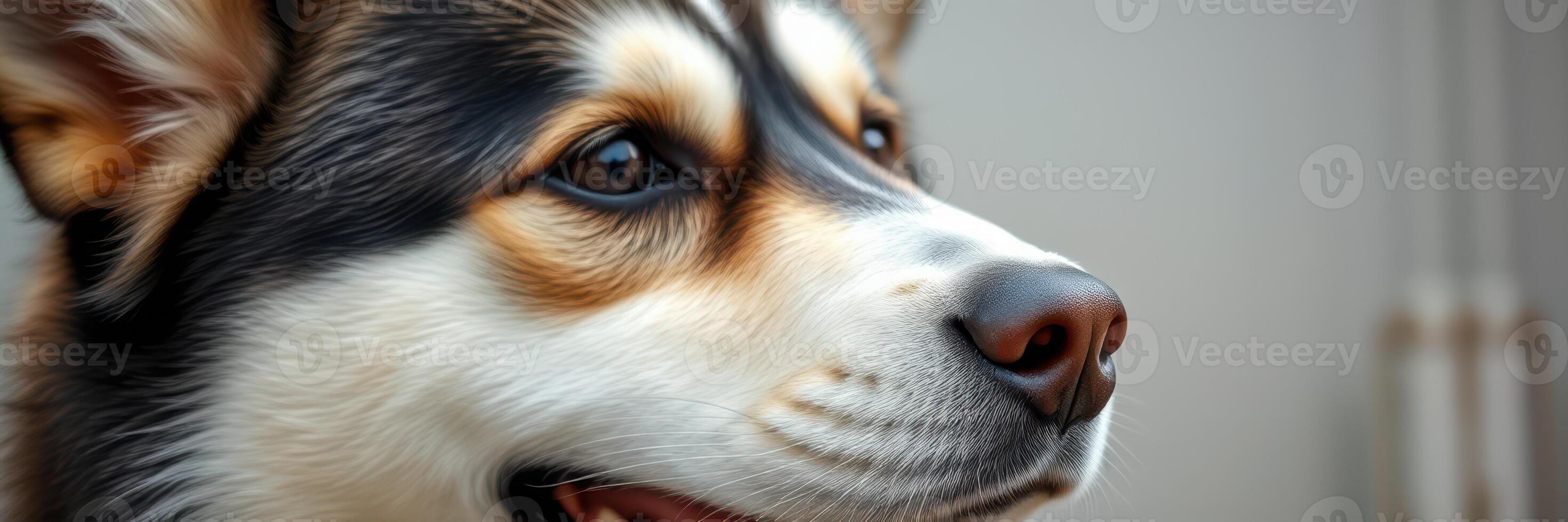 Close-up view of a cheerful dog looking away in a cozy indoor setting during the afternoon photo