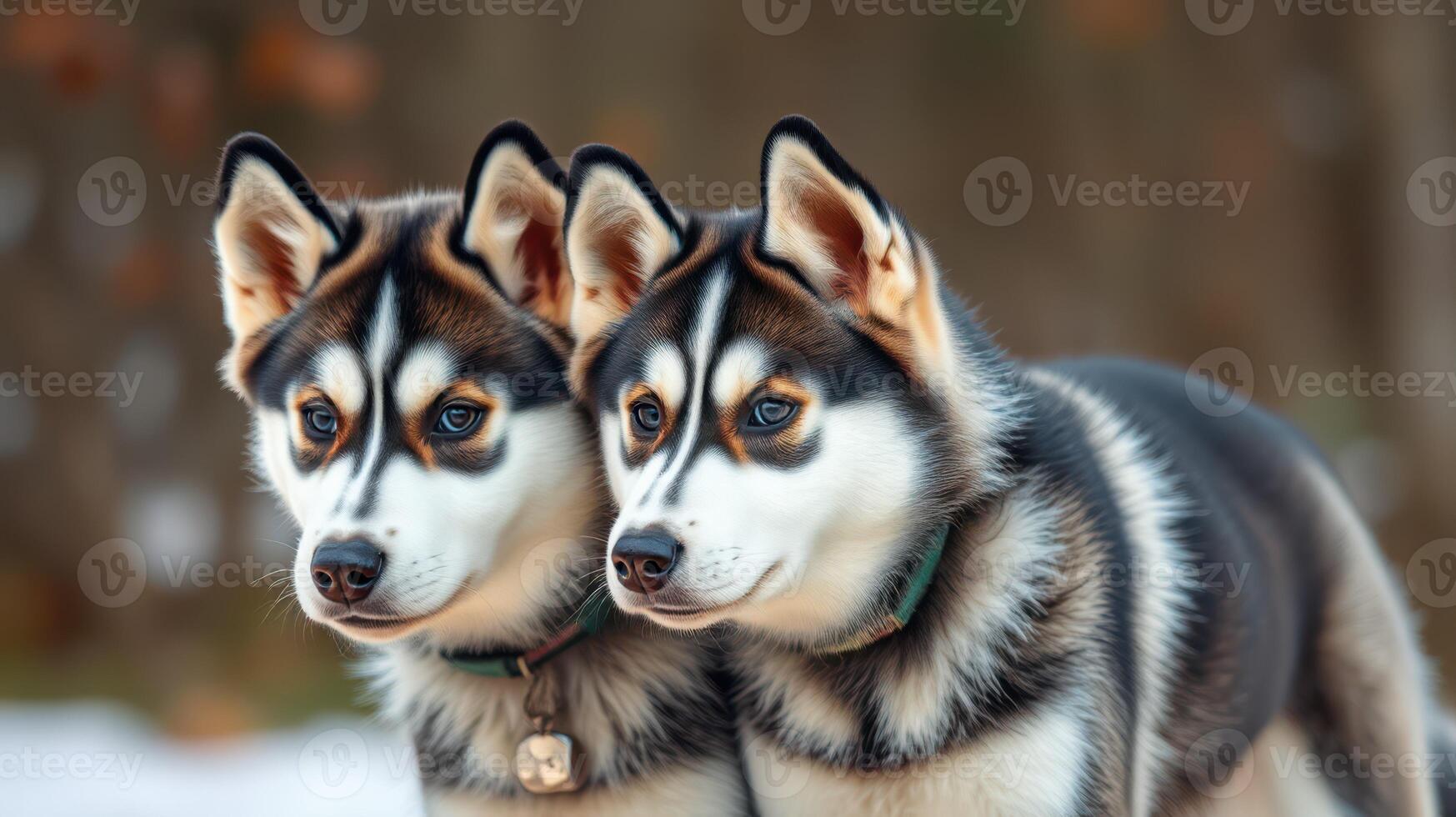 Two huskies standing side by side in a snowy landscape during winter season photo