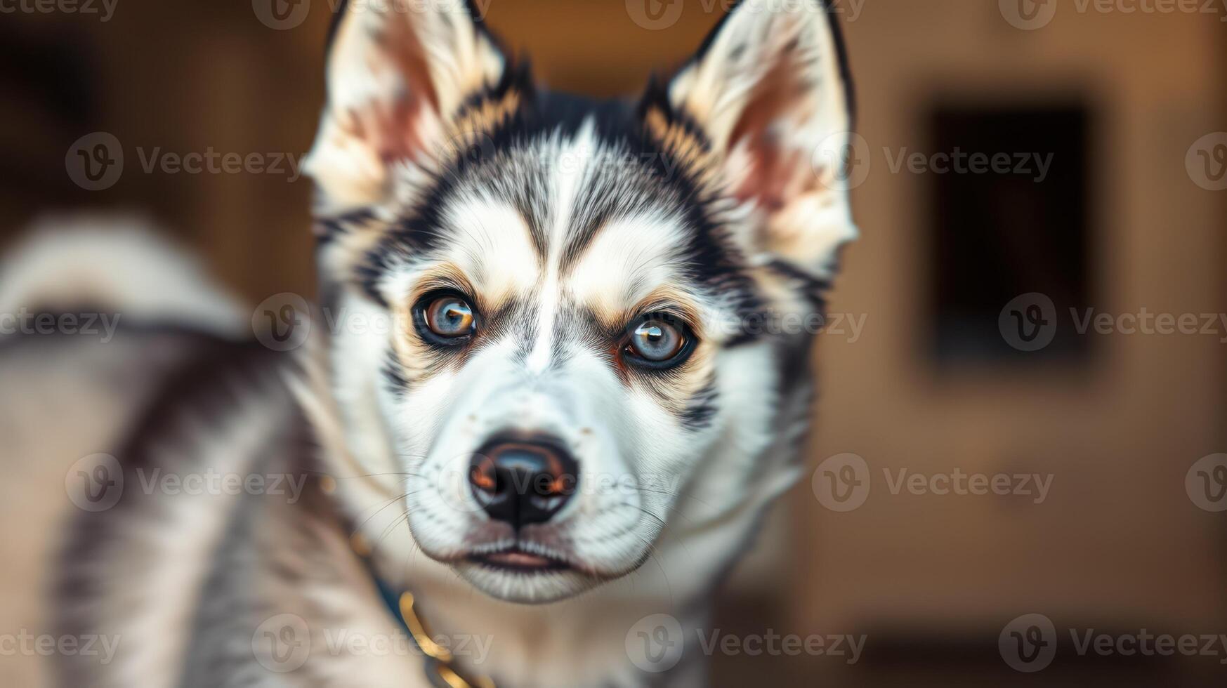 Dog with striking blue eyes and unique fur pattern poses for a close-up indoors in a cozy environment photo