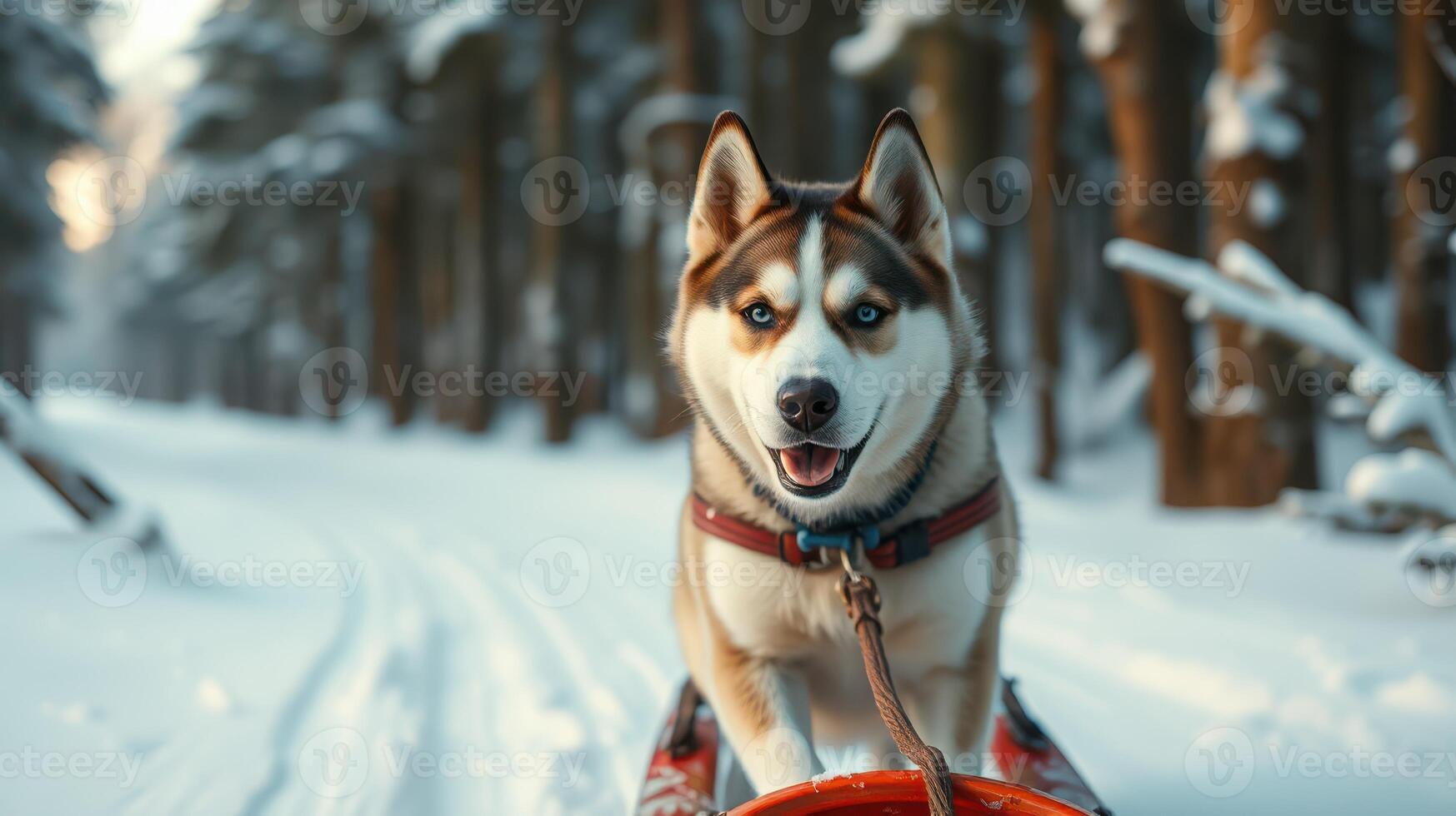 Sled dog joyfully pulling a sled through a snowy forest trail on a bright winter day photo