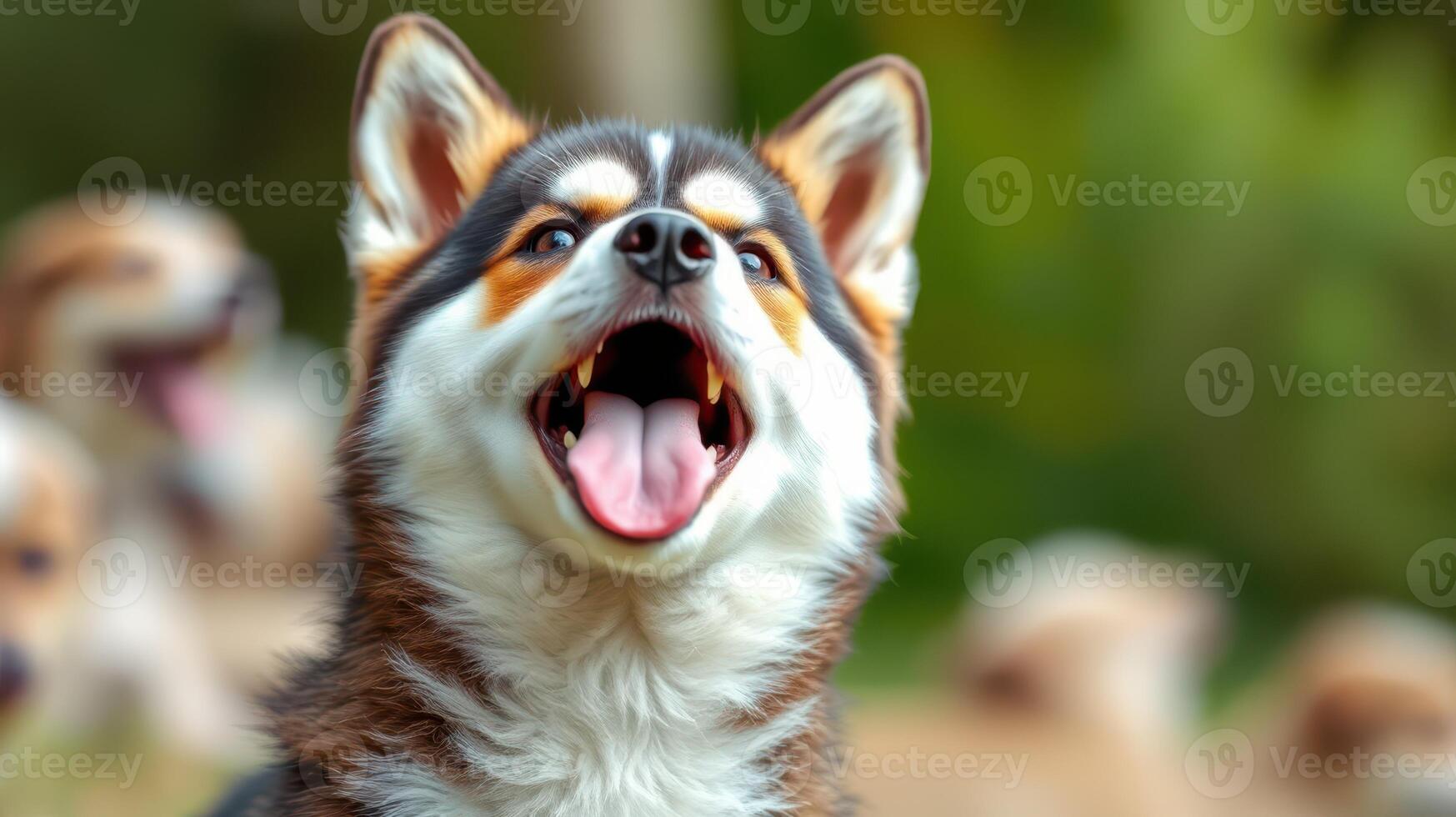 Happy dog with tongue out in a sunny park with other dogs playing in the background photo