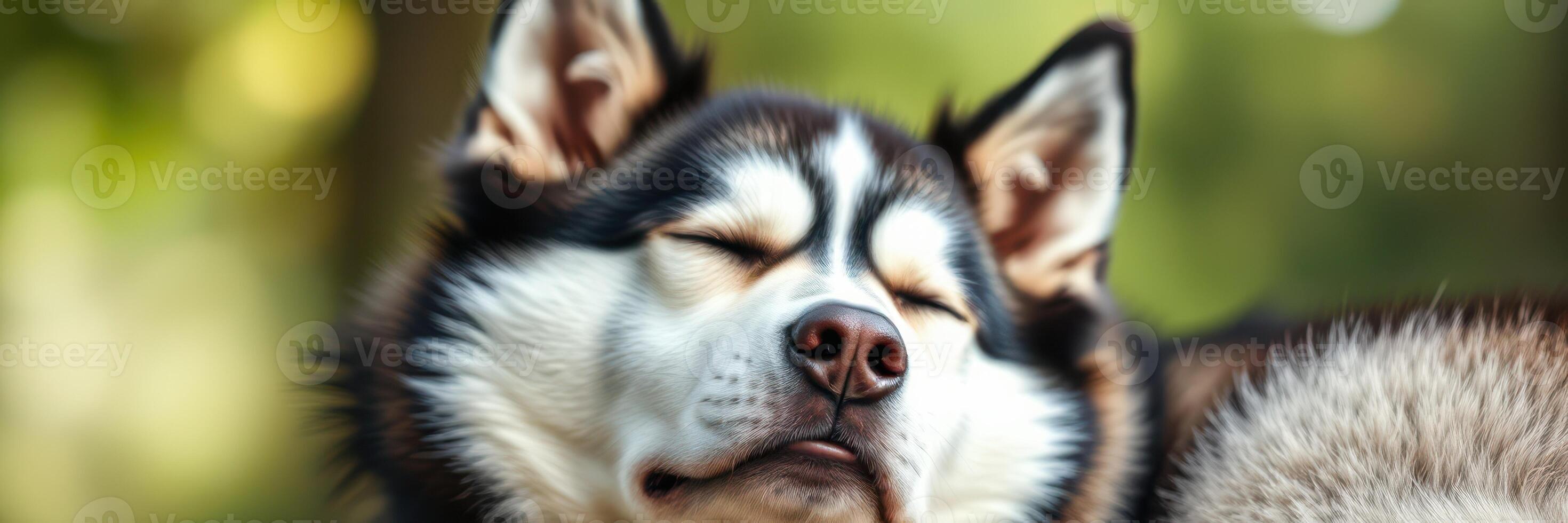 Happy husky resting peacefully in a sunlit forest during a warm afternoon photo