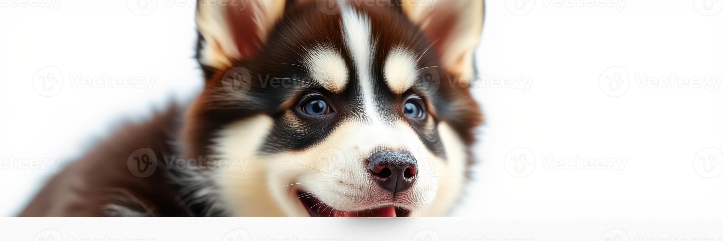 Cute puppy with fluffy fur showing playful expression in bright indoor setting photo