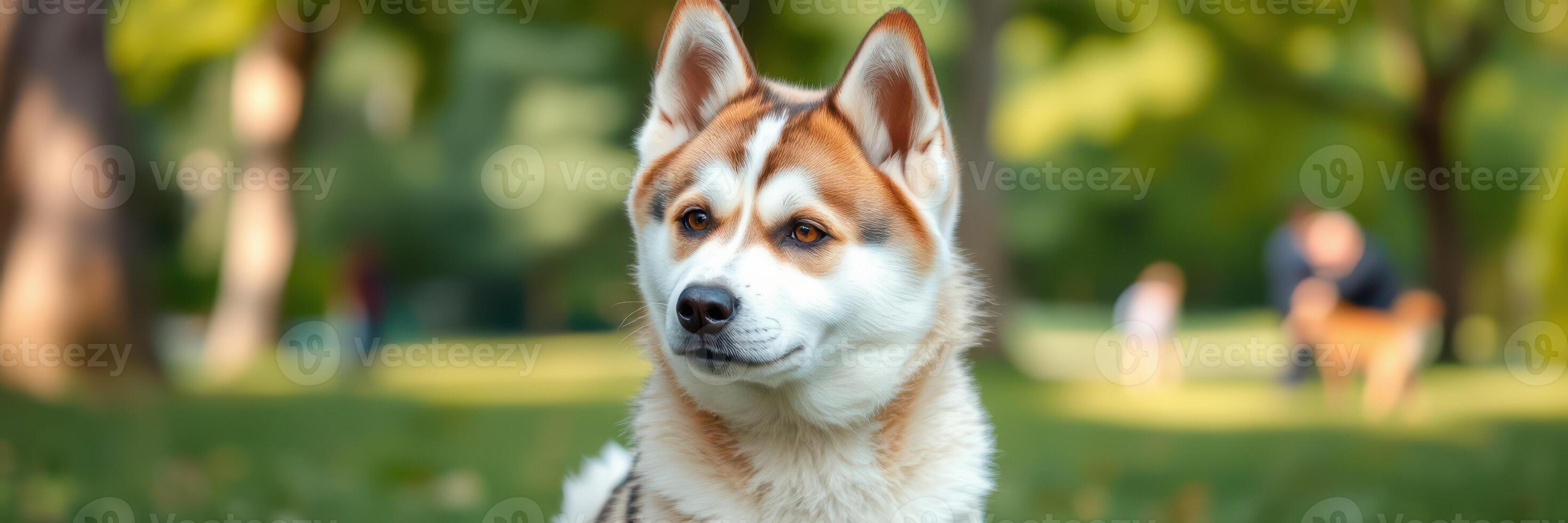 Husky dog relaxing in a green park during a sunny day while people enjoy leisure activities nearby photo
