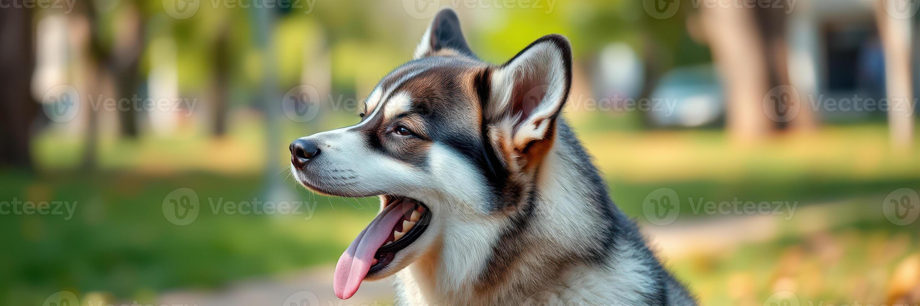Playful husky enjoying a sunny day in the park with trees and foliage photo