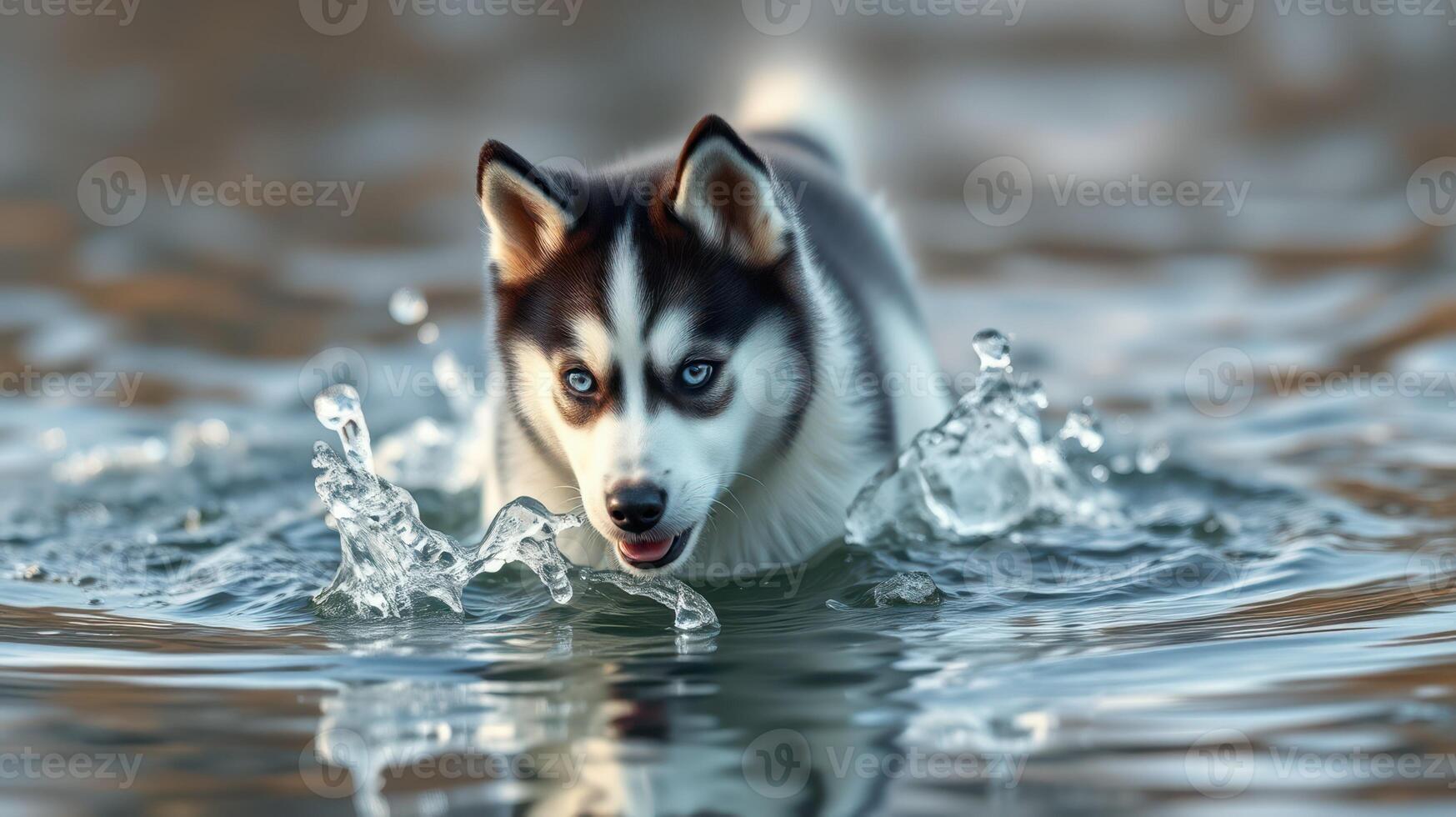 Siberian husky splashing through water on a sunny day in a natural setting photo