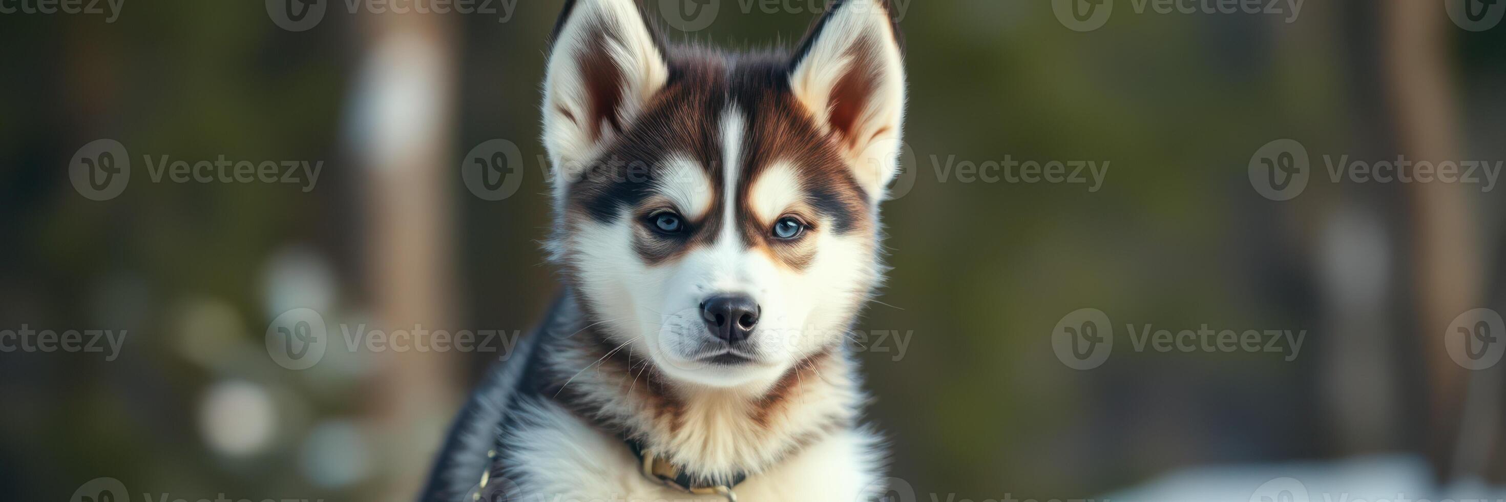 Cute husky puppy sits in snowy forest during winter afternoon, showing playful expression and fluffy fur photo