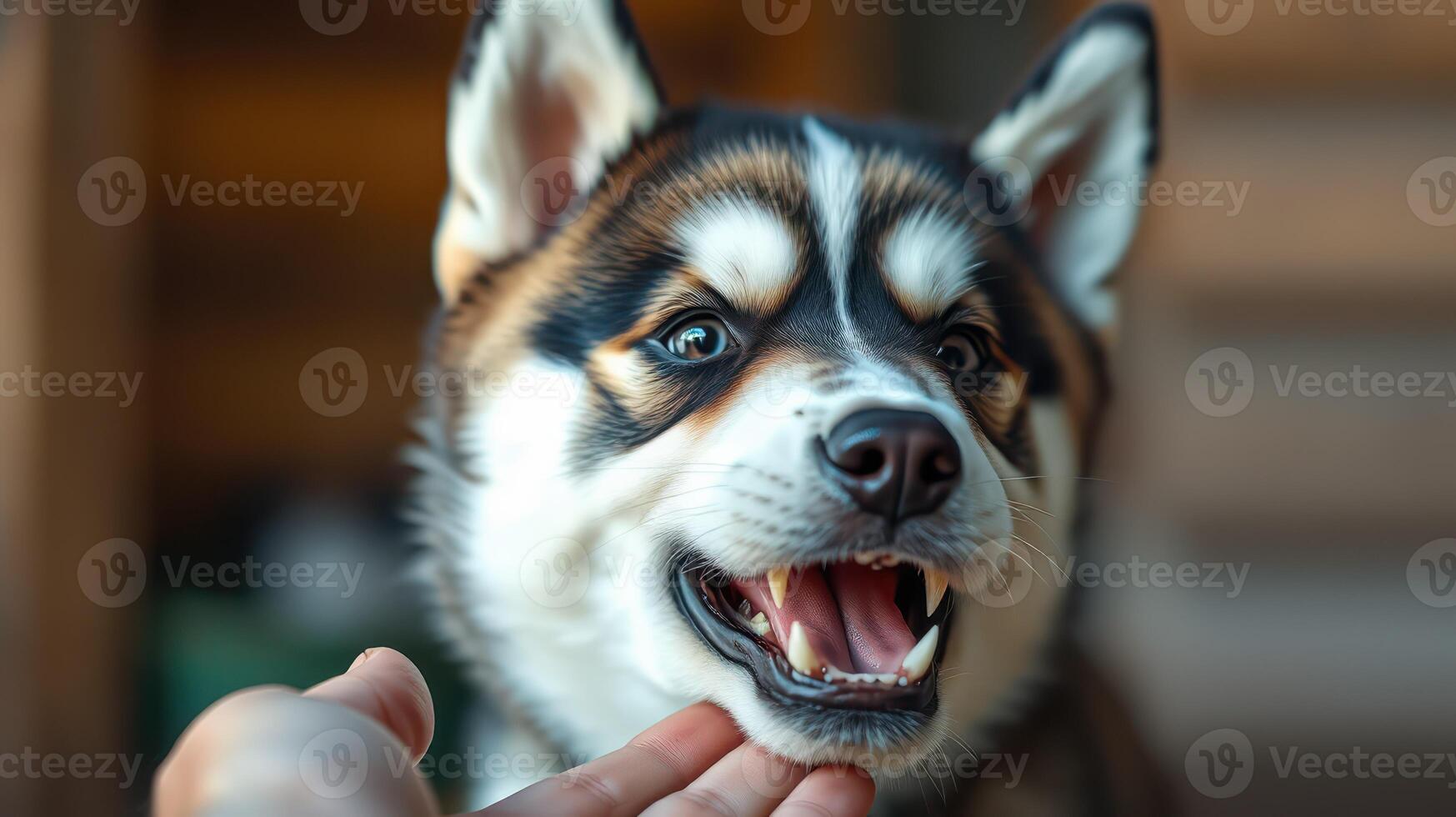 Happy husky enjoying a playful interaction with a person in a cozy indoor setting during daylight hours photo
