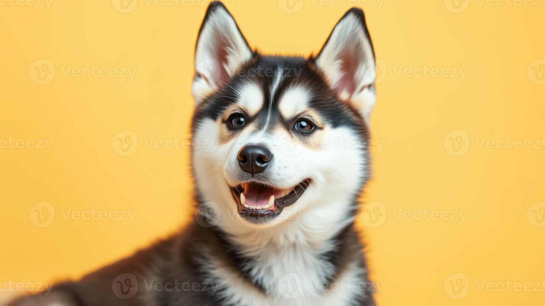 Happy husky puppy poses against bright yellow background with playful expression and attentive ears photo
