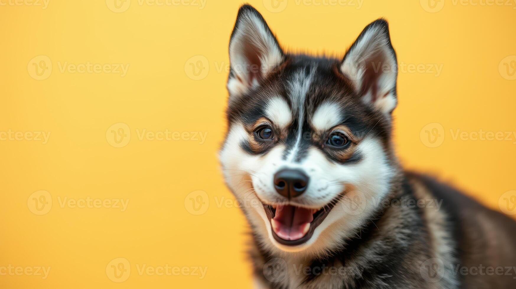 Happy husky puppy sitting against a bright yellow background with a playful expression and sparkling eyes photo
