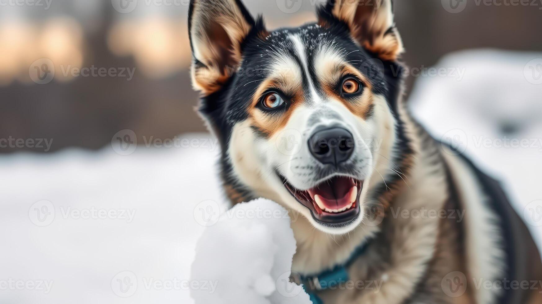 Happy dog playing with snow during winter in a park, showcasing joyful energy and vibrant colors photo