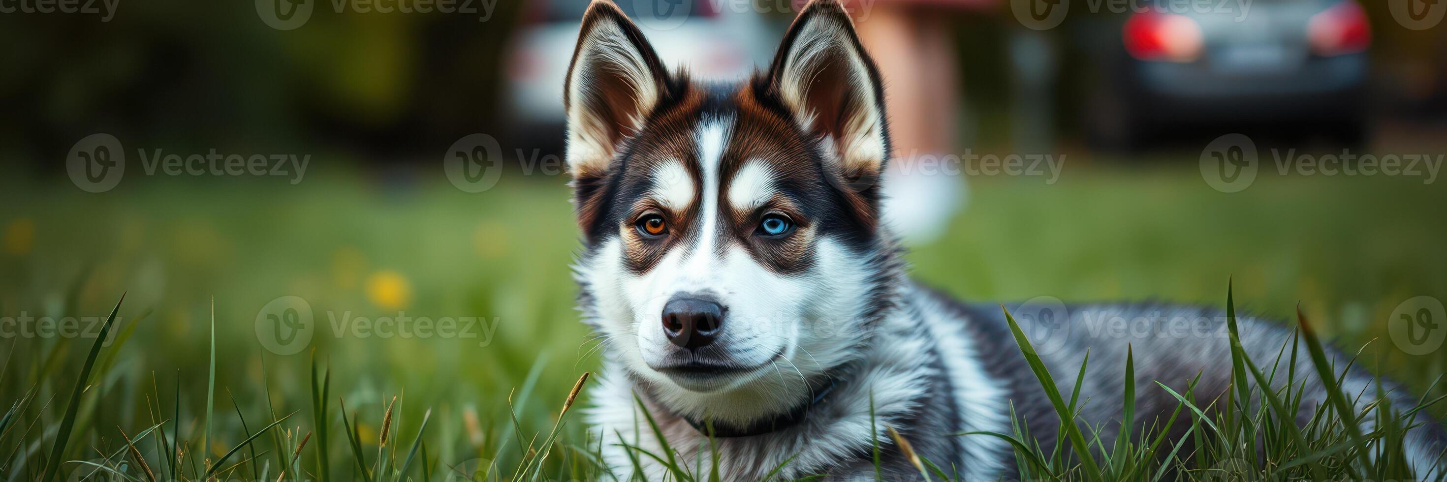 Playful dog relaxes in grassy yard under warm afternoon sun, showcasing its vibrant fur and attentive expression photo