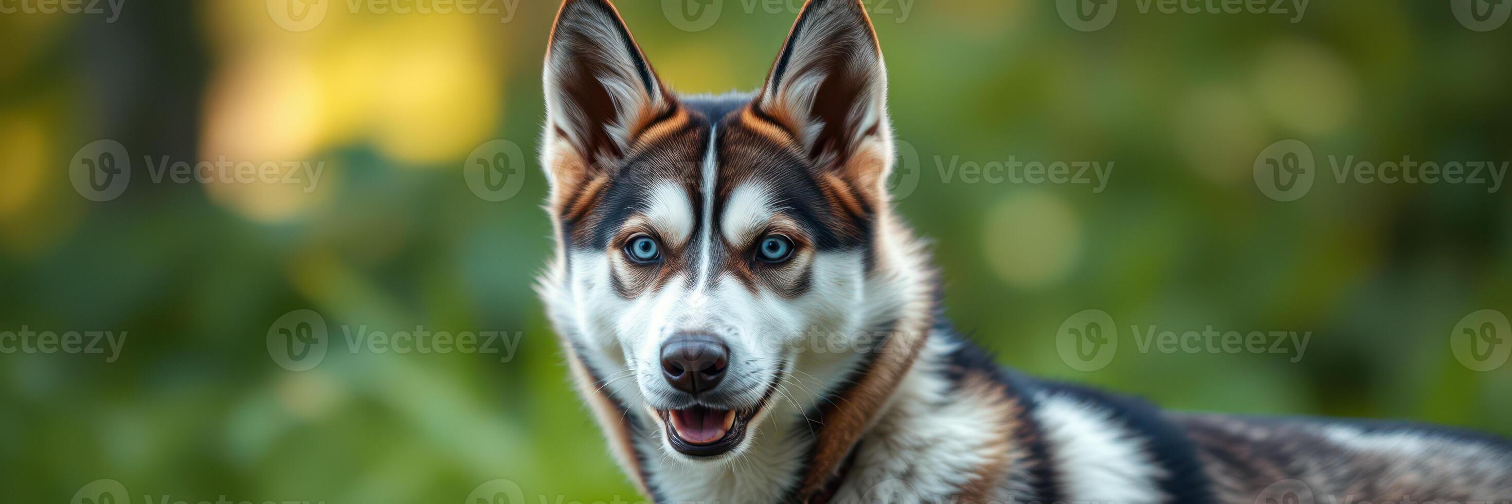 Siberian husky displays striking features in a vibrant nature setting during golden hour photo
