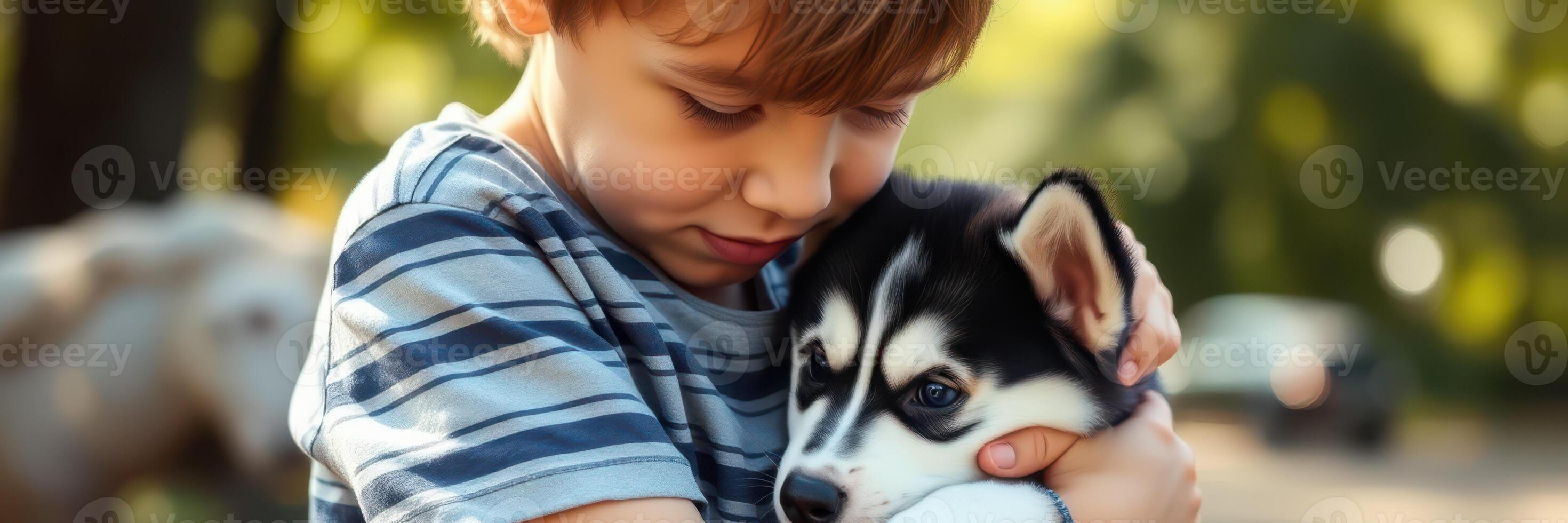 Young boy hugs a husky puppy in a park during a sunny afternoon in the fall photo
