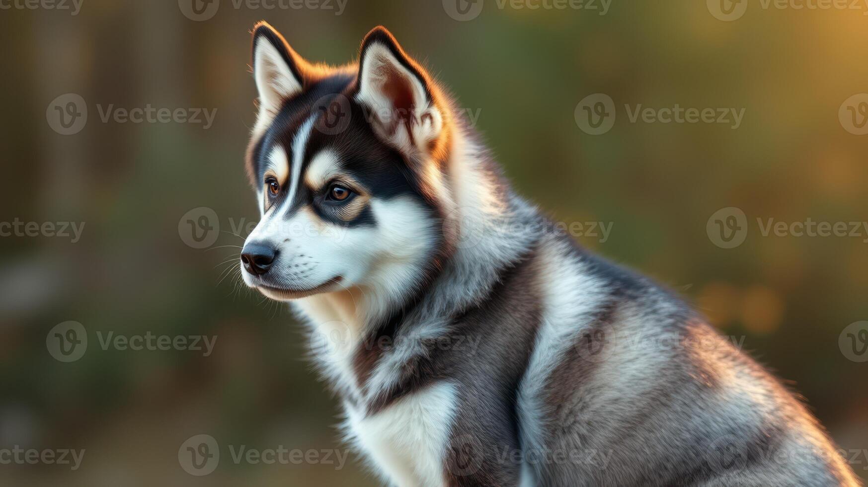 Siberian husky sitting in a sunlit forest during late afternoon, showcasing its beautiful coat and alert expression photo