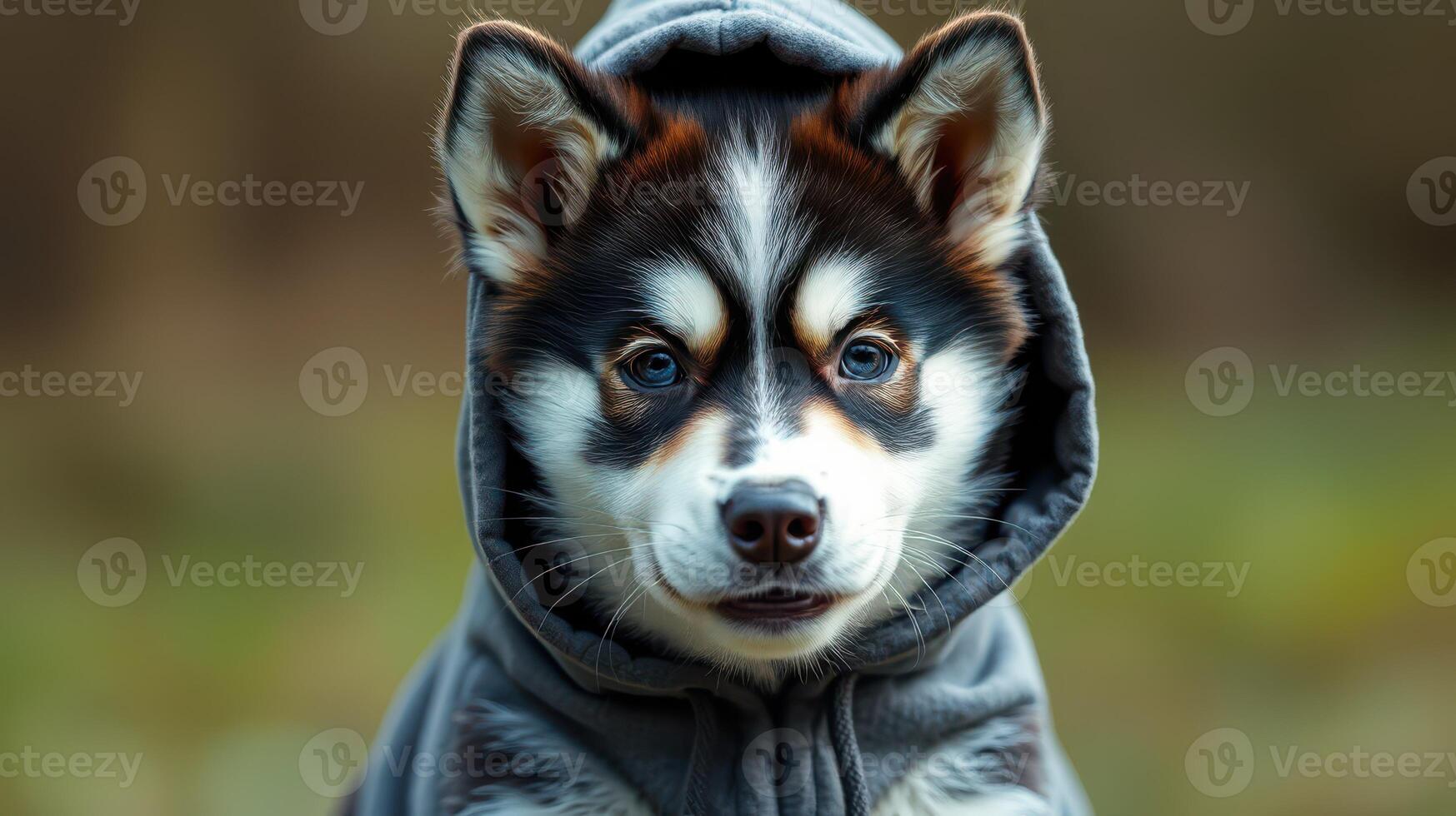 Dog wearing a hoodie in a natural setting during a sunny day, showcasing playful and charming personality photo