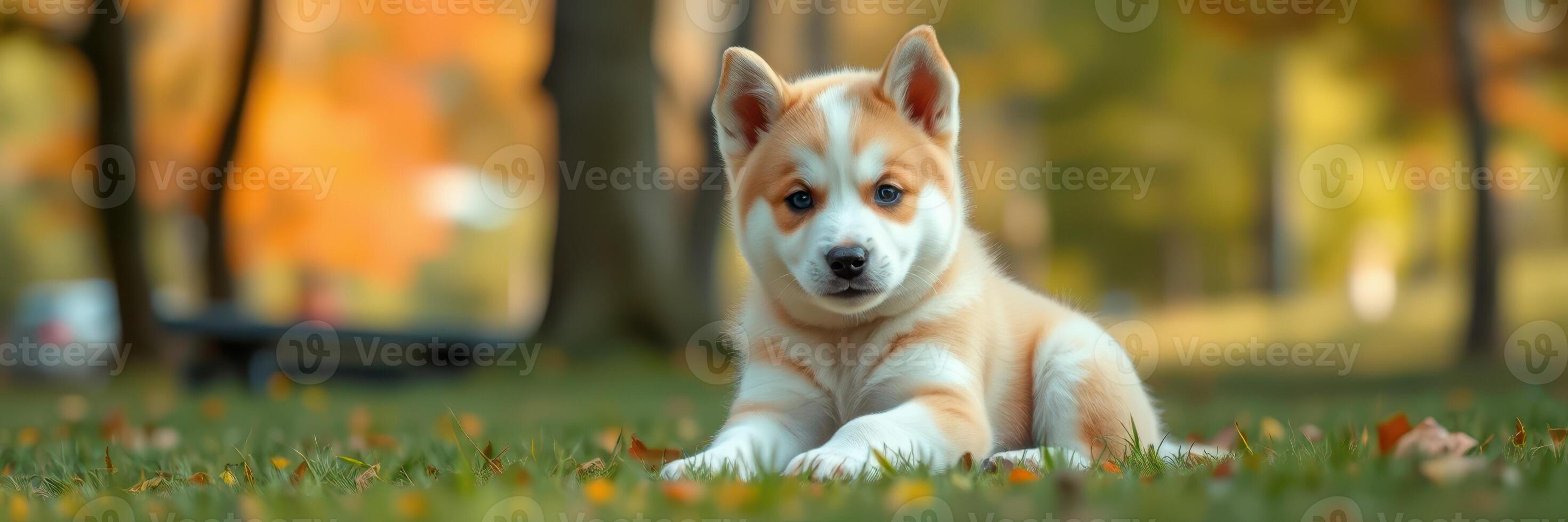 Cute puppy lies on grass during autumn afternoon in a park surrounded by colorful leaves photo