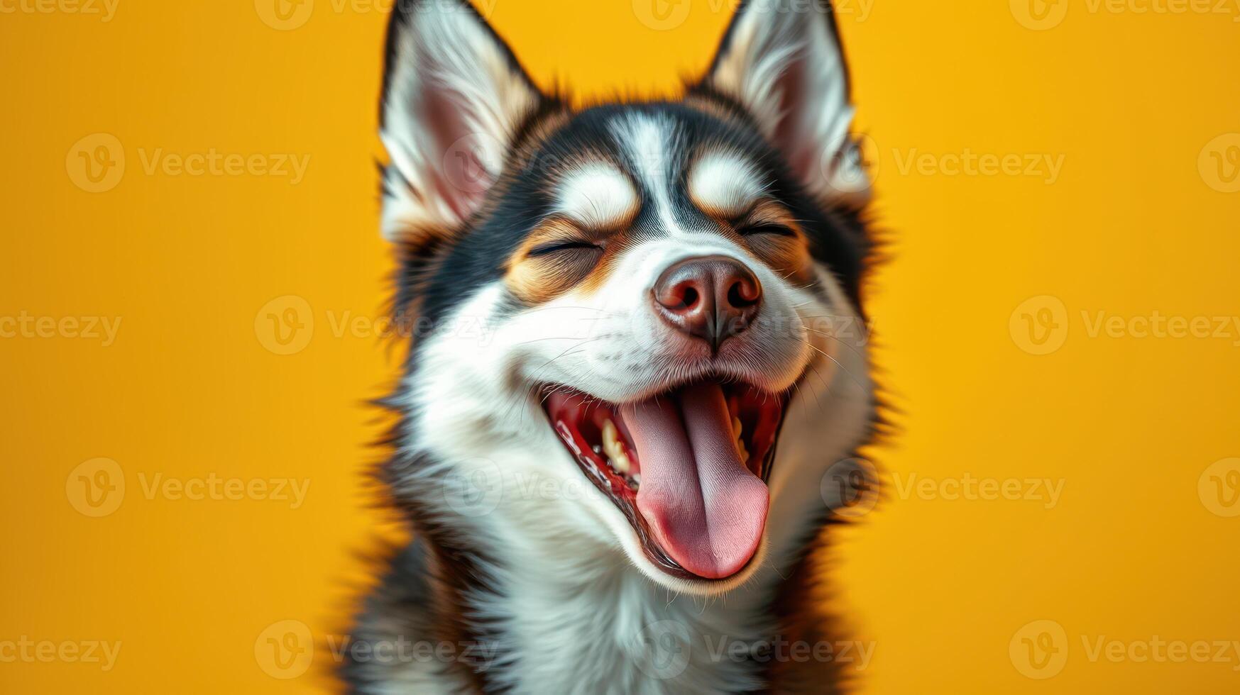 Happy dog with a joyful expression against a bright yellow background during a playful moment in the studio photo