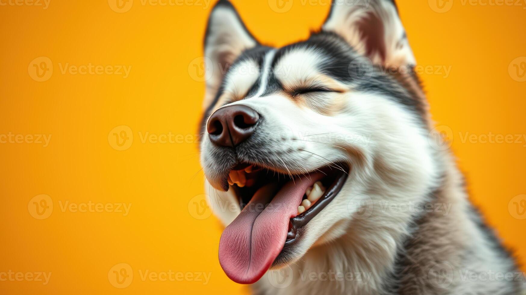 Siberian husky with joyful expression against a bright orange background photo