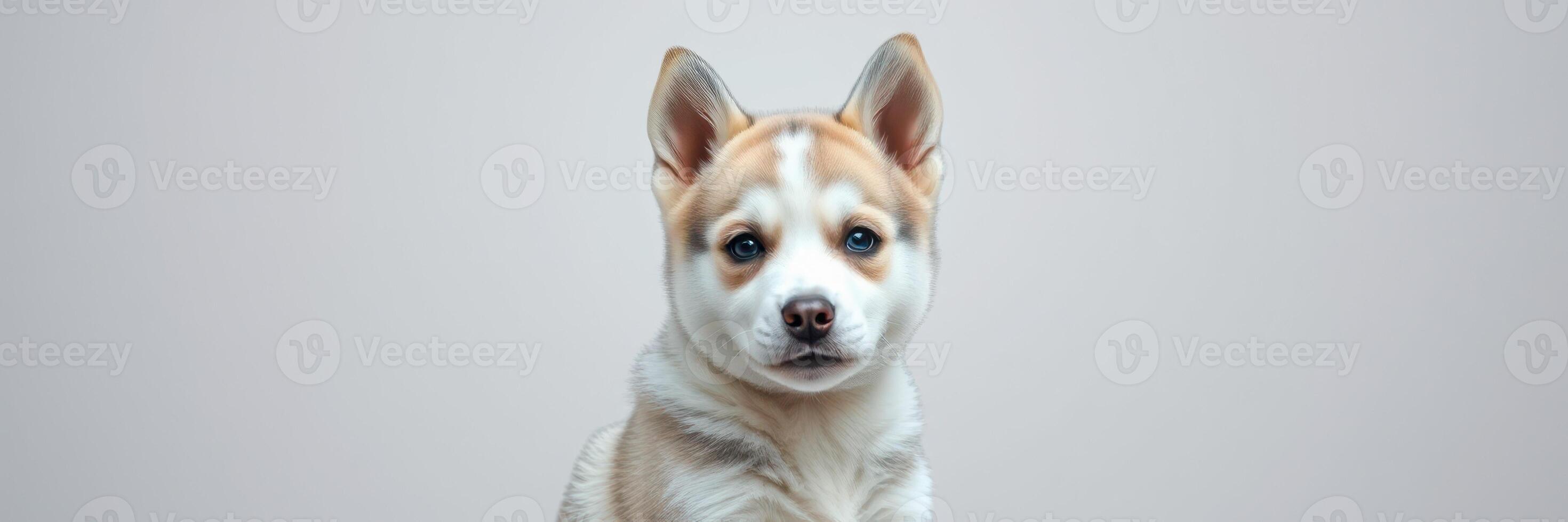 Cute puppy with fluffy fur sits calmly against a plain background in a cozy indoor setting during daytime photo
