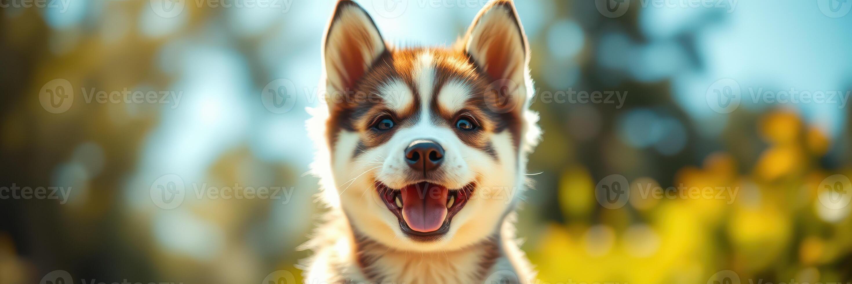 Happy puppy enjoying a sunny day in the park with vibrant nature all around photo