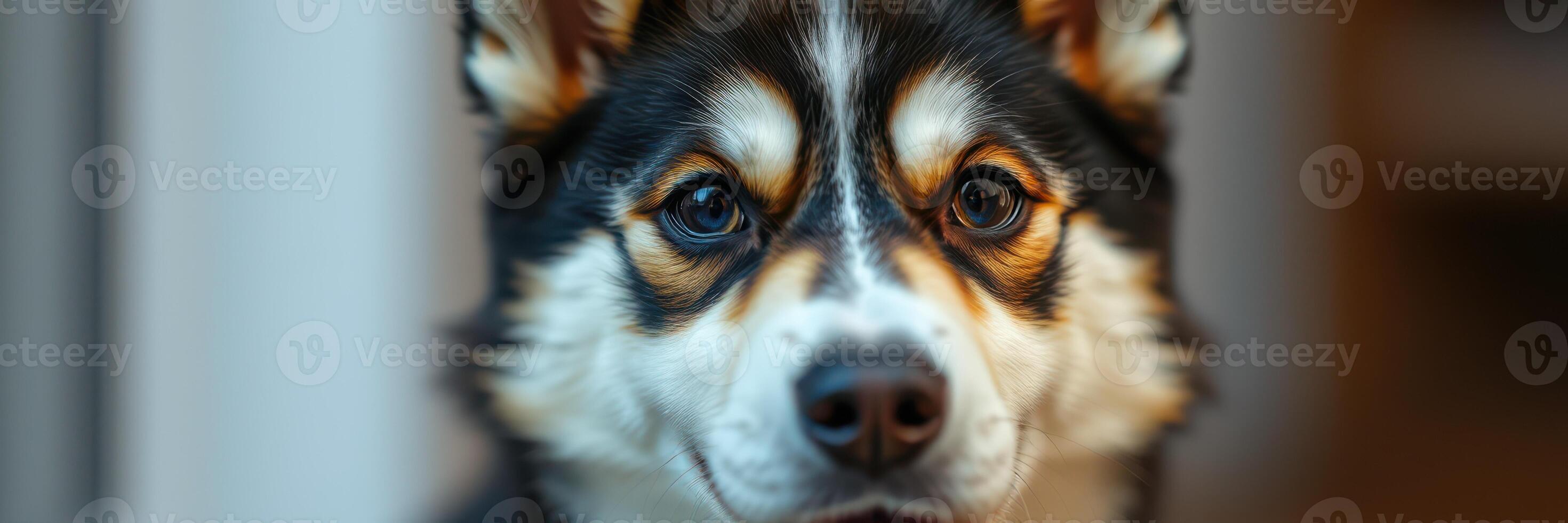 Black and white dog with expressive eyes looking curiously at the camera indoors during daylight photo