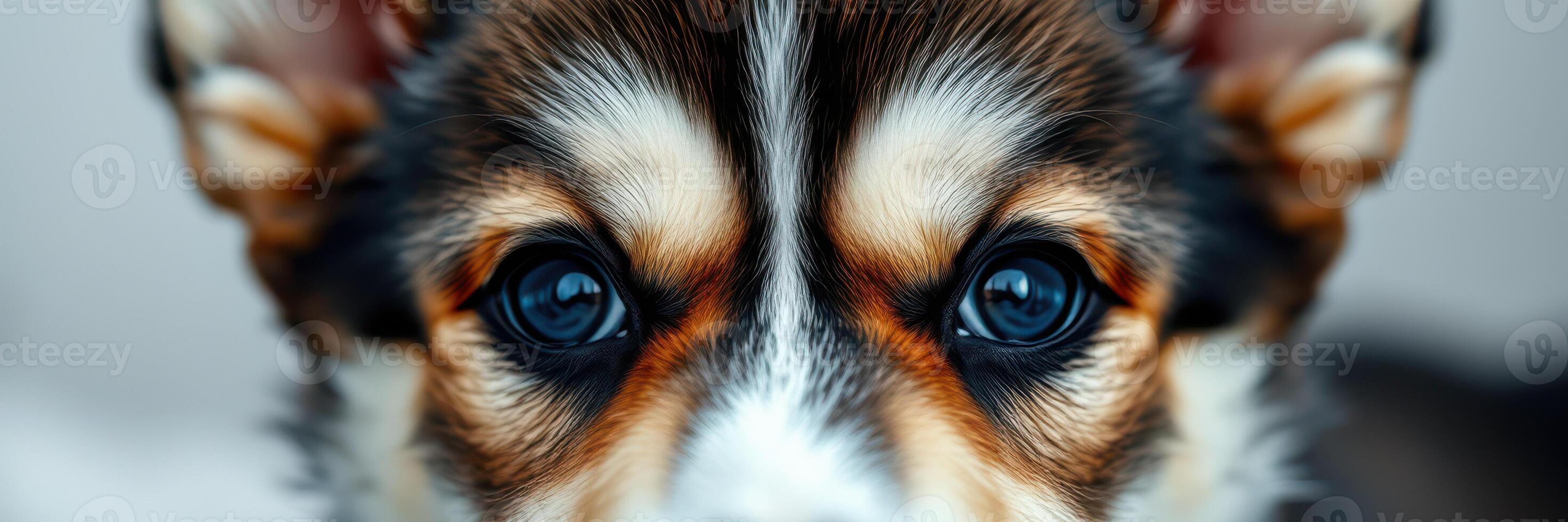 Cuteness overload with a close-up of a corgi puppy's expressive eyes and adorable face indoors photo