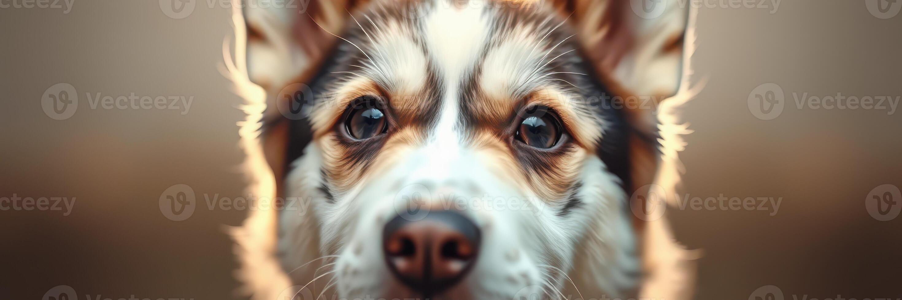 Beautiful close-up of a playful husky dog with striking blue eyes and a captivating expression in soft natural light photo