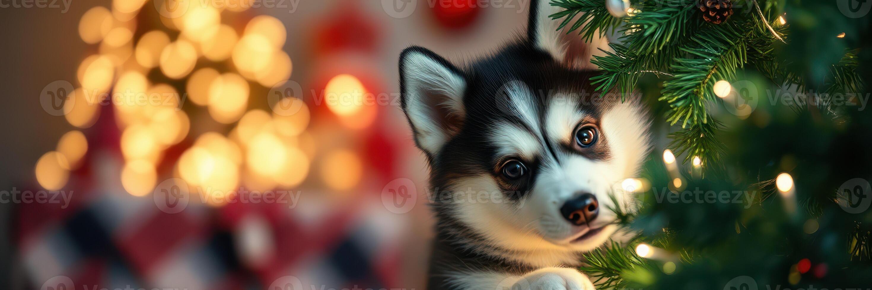 Cute puppy exploring a decorated Christmas tree with warm lights and festive atmosphere photo